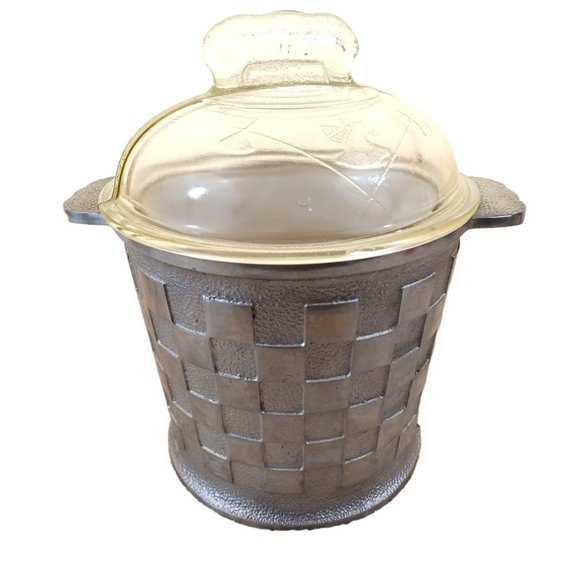 1940's Lined 9"x6.5" Pewter Ice Bucket Glass Lid Utensils Vintage Waffle Design - Picture 6 of 10